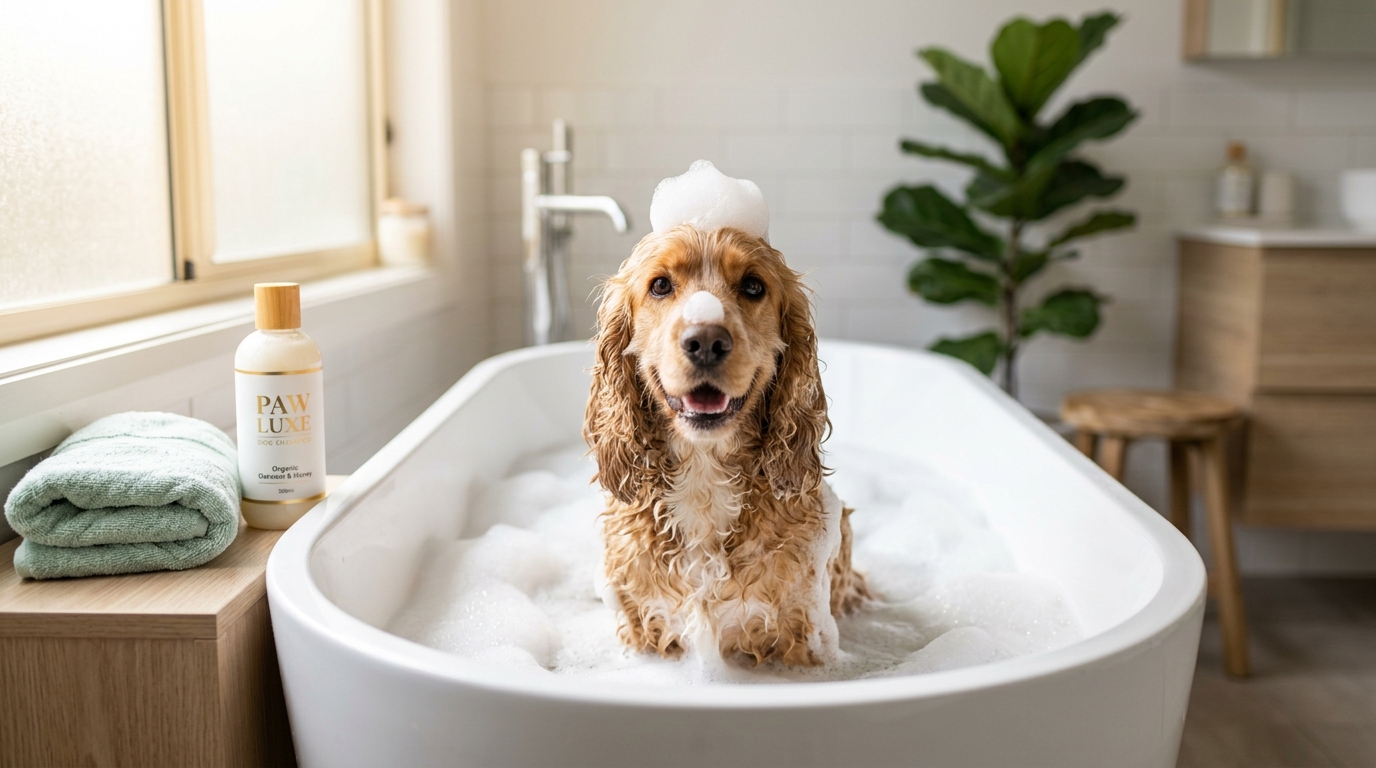 Ein nasser Hund in der Badewanne